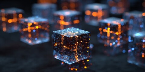 Wall Mural - Futuristic Digital Cubes with Binary Code and Neural Network Connections on a Dark Background