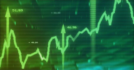 Wall Mural - Starting from lower left, neon green line chart climbing surging with arrows visualizing growth