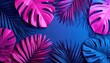 © bakri - Vibrant hot pink and deep blue tropical leaves arranged on a dark blue background