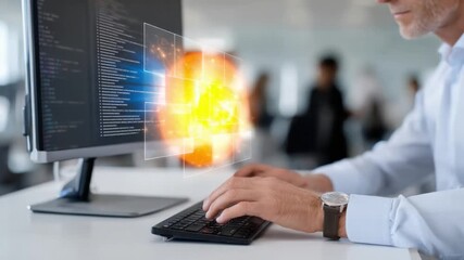 Coding Brilliance: A skilled coder, his focused eyes on a computer screen, orchestrates a symphony of digital innovation, the keyboard acting as an instrument of future. 