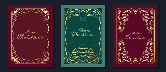 Wall Mural - Christmas and Happy Holidays poster vector set. Luxury card template with Victoria frame, christmas tree and ornament vintage border on red and green background. Design for cover, poster, packaging.