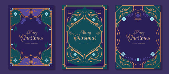 Wall Mural - Christmas and Happy Holidays poster vector set. Luxury card template with Victoria frame, leaves and ornament vintage border on navy blue background. Design illustration for cover, poster, packaging.