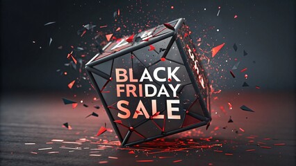 Exploding Sale: An artistic display of a geometric shape shattering to reveal the text Black Friday Sale, set against a dynamic background of fragments.