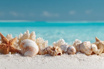 Wall Mural - Captivating beach theme banner with seashells and starfish along the shoreline beneath a bright blue sky and tranquil sea