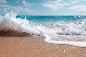Wall Mural - Waves crash gently on the sandy beach under a bright blue sky, creating a serene and beautiful natural coastal scene filled with light and tranquility