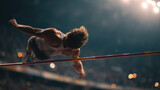 Athlete leaping over high jump bar in competitive stadium with dramatic lighting and cheering crowd capturing intense moment of athletic performance.