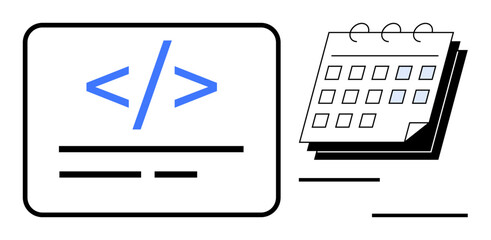 Blue coding tag on a screen next to a calendar with overlapping pages. Ideal for software development, project management, planning, coding efficiency, team collaboration, scheduling, productivity