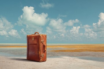 Wall Mural - Suitcase rests on golden sandy beach under clear sky with scattered clouds by tranquil water in tropical paradise during sunny day