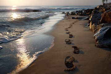 Wall Mural - Footsteps lead along the sandy beach at sunset, waves gently lapping at the shore, creating a tranquil atmosphere filled with the beauty of nature