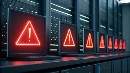 Network Alert: A server room, where an array of laptops flashes prominent red warning symbols, signifying network security breaches and data vulnerabilities, symbolizing a critical system failure.