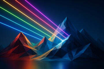 Wall Mural - Abstract geometric mountains with colorful light beams on dark background, futuristic polygonal landscape concept with glowing illusion of depth. Ai generative
