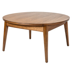 A round wooden coffee table with four legs isolated on a transparent background