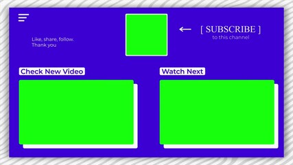 Animated end screen with green screen placeholders for customizable logos and text. Social Media Lower Third YouTube End Screen ,Live Streaming Overlay Subscribe text Animation