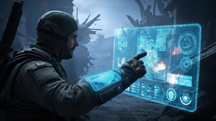 One person, a soldier using futuristic technology hologram in war torn city, technology interface.