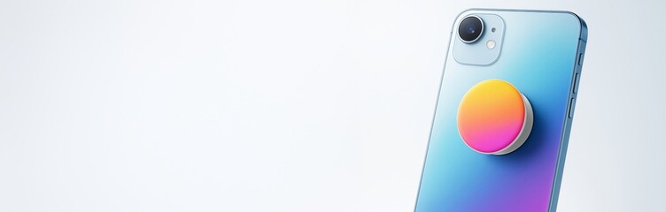 Wall Mural - Smartphone with colorful grip accessory on gradient blue back, displayed on clean empty background with copyspace for advertising or design use. Ai generative