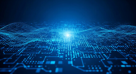 Wall Mural - Abstract blue digital network grid with glowing light and data flow technology