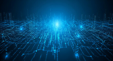 Wall Mural - Futuristic Digital Network Grid with Glowing Blue Lights and Data Streams Keywords: technology