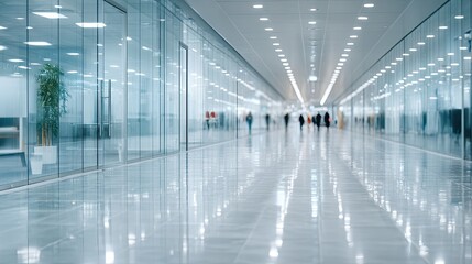  Bright Modern Office Corridor with Glass Walls and Polished Floor Reflecting Lights in Blurred Perspective