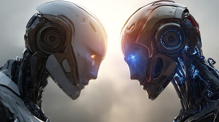 Futuristic androids face off with glowing eyes, hinting at advanced AI and the dawn of a new technological era in a dramatic scene.