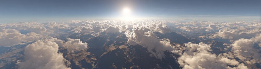 Wall Mural - Wide aerial view features a blanket of clouds beneath a bright sun, with earth tones visible. Panorama scene