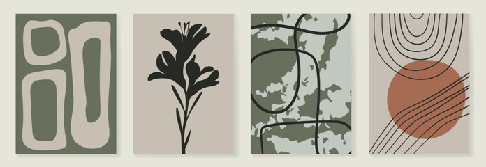 Wall Mural - Abstract botanical poster vector set. Leaves, flower in earth tones colors. Illustration design for Eco packaging, interior, cover, wall art, wallpaper.
