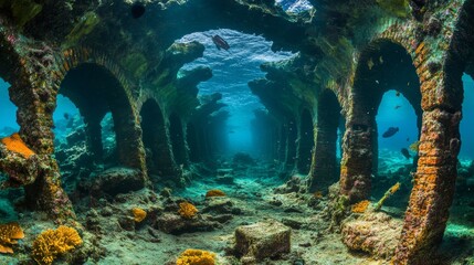 Wall Mural - explore the depths of an underwater world. ancient ruins create a mystical atmosphere. colorful mari