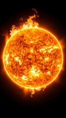 Wall Mural - An orange sphere engulfed in blazing fire and radiating intense heat against a black space background.