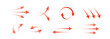 © klyaksun - Red air flow with arrow set for motion and direction graphics. Gradient pointers in circular, straight and curved patterns with dynamic trails. Movement symbols for interface or navigation design.
