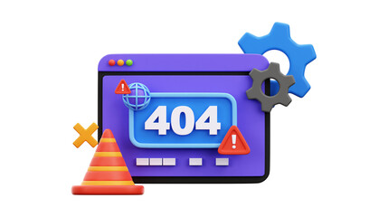 3D illustration of a browser window displaying a 404 error page with warning signs, a traffic cone, and gears, symbolizing website issues and page not found.