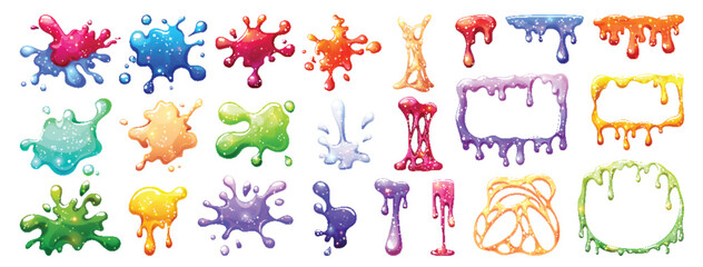 Wall Mural - color slime splashes and frames set isolated on white background. vector cartoon illustration of bri