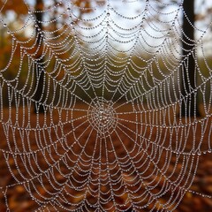 Close-up of a spider web covered with water droplets or morning dew against a bokeh background of golden autumn forest leaves
