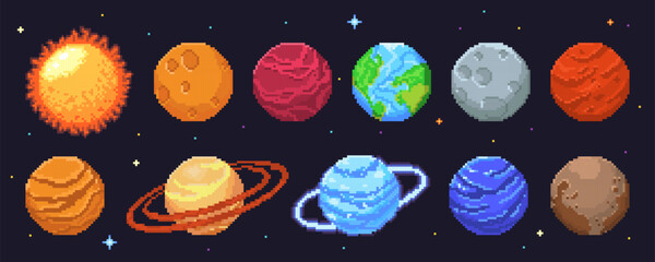 Wall Mural - Pixel planet solar system set for space game - celestial bodies with Sun, rocky worlds, gas giants and ringed spheres. Cosmic set with stars, orbits and astronomical objects for astronomy design.