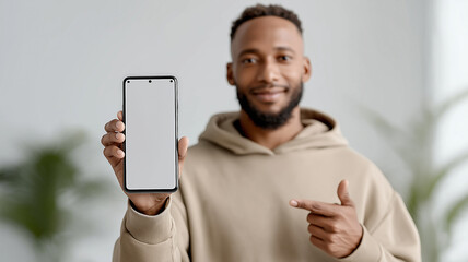 Modern digital marketing illustration featuring smiling African man confidently presenting smartphone empty screen copy space isolated clean background symbolizing mobile technology communication and 