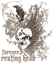 Gothic Winged Skull and Raven forever resting head Art Illustration transparent editable vector for t-shirt mug wall stickers wallpaper sticker design multipurpose use in high definition format