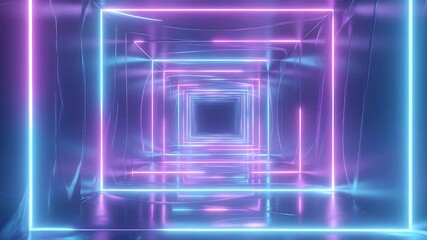 Wall Mural - Neon-light tunnel with infinite reflections, vibrant purple and blue tone