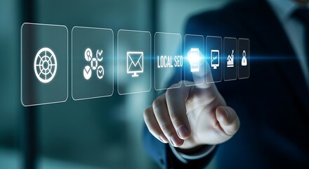 Person selects local SEO icon on a digital interface with multiple service options local SEO