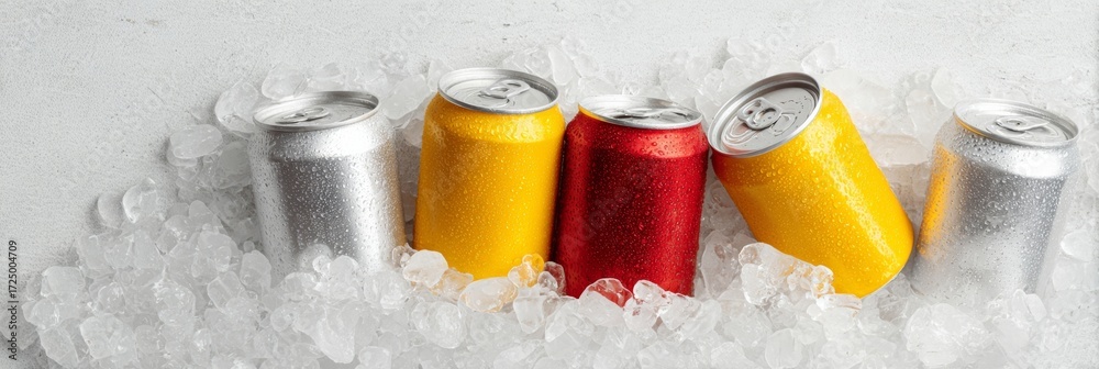 Chilled soda cans nestle in frosty ice, fizzing refreshment perfect for ...