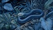 © Obee - Coiled predator serpent with glowing tongue, nestled in night-blue jungle underbrush