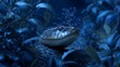 © Obee - Coiled predator serpent with glowing tongue, nestled in night-blue jungle underbrush