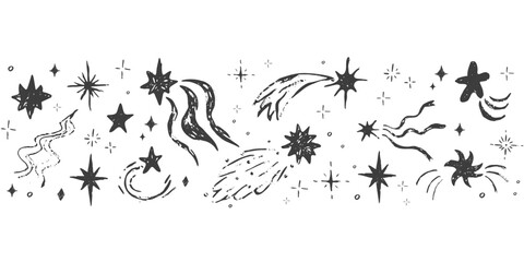 Wall Mural - Star border spark crayon bling falling stars textured hand drawn divider. Simple chalk festive shiny space elements, festive lights 