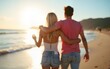© David - Loving couple enjoy summer at beach. High quality