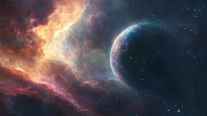 Wall Mural - Vibrant closeup view of a nebula with celestial body in outer space showcasing a stunning cosmic landscape, A close-up view of the expansive nebula in outer space (Some elements furnished )