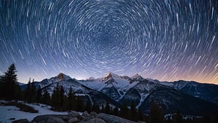 Wall Mural - ﻿Dazzling star trails arc over a majestic mountain range under a clear night sky long exposure, natural beauty, overhead