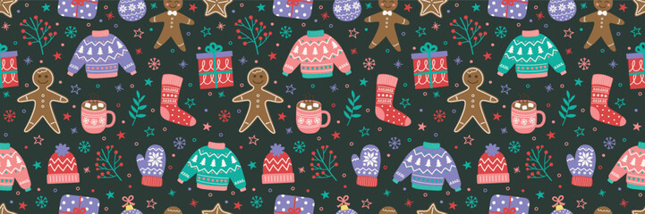 Wall Mural - Colourful Christmas background with cartoon ornaments. Seamless texture design. Banner. Vector illustration