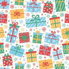 Wall Mural - Colourful seamless pattern with cute cartoon presents. Banner. Vector illustration