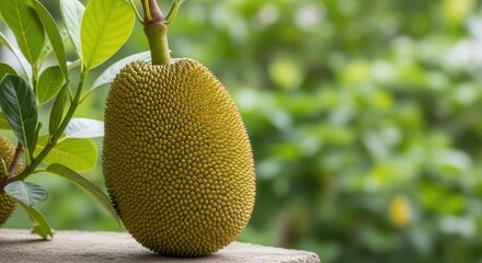 Close-up of a ripe jackfruit hanging from a tree with vibrant green leaves and a natural backdrop