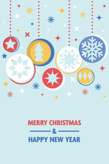 Wall Mural - Christmas greeting card with decoration in geometric style. Christmas ball and snowflakes. Vector illustration