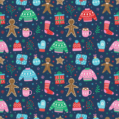 Wall Mural - Christmas seamless pattern with cute decorations in doodle style. Vector illustration