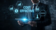 © fia - Cost-Effective Strategy Businessman Analyzes Financial Data and Innovation with Digital Interface