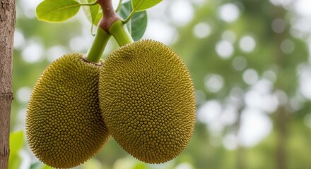 Close-up of jackfruit hanging from the tree with its unique textured skin and bokeh background
